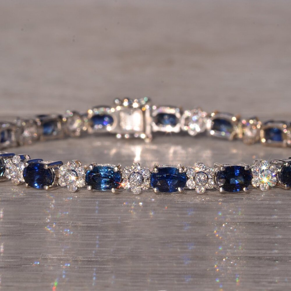 Natural Sapphire and Cluster Diamond Bracelet in White Gold
